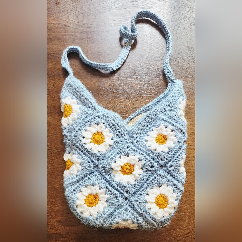 Handmade Blue Crochet Bag with Daisy Design